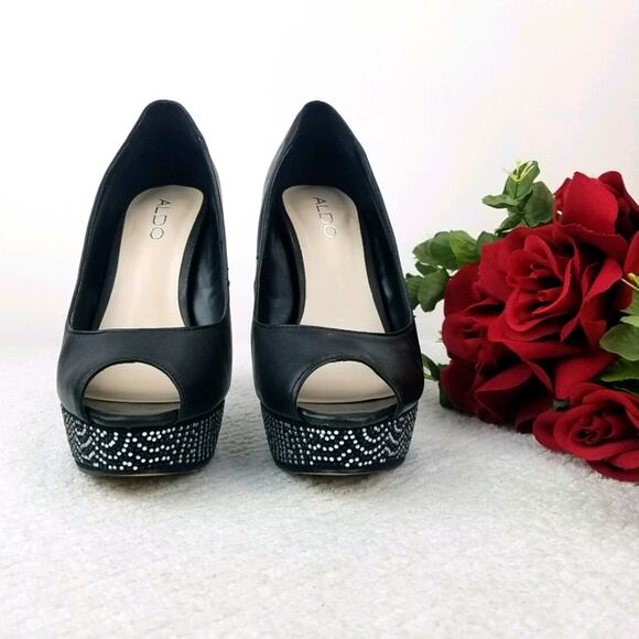 Aldo Platform Stiletto Pumps Size 8.5 Black Leather Rhinestones Peep Almond Toe - Picture 3 of 16